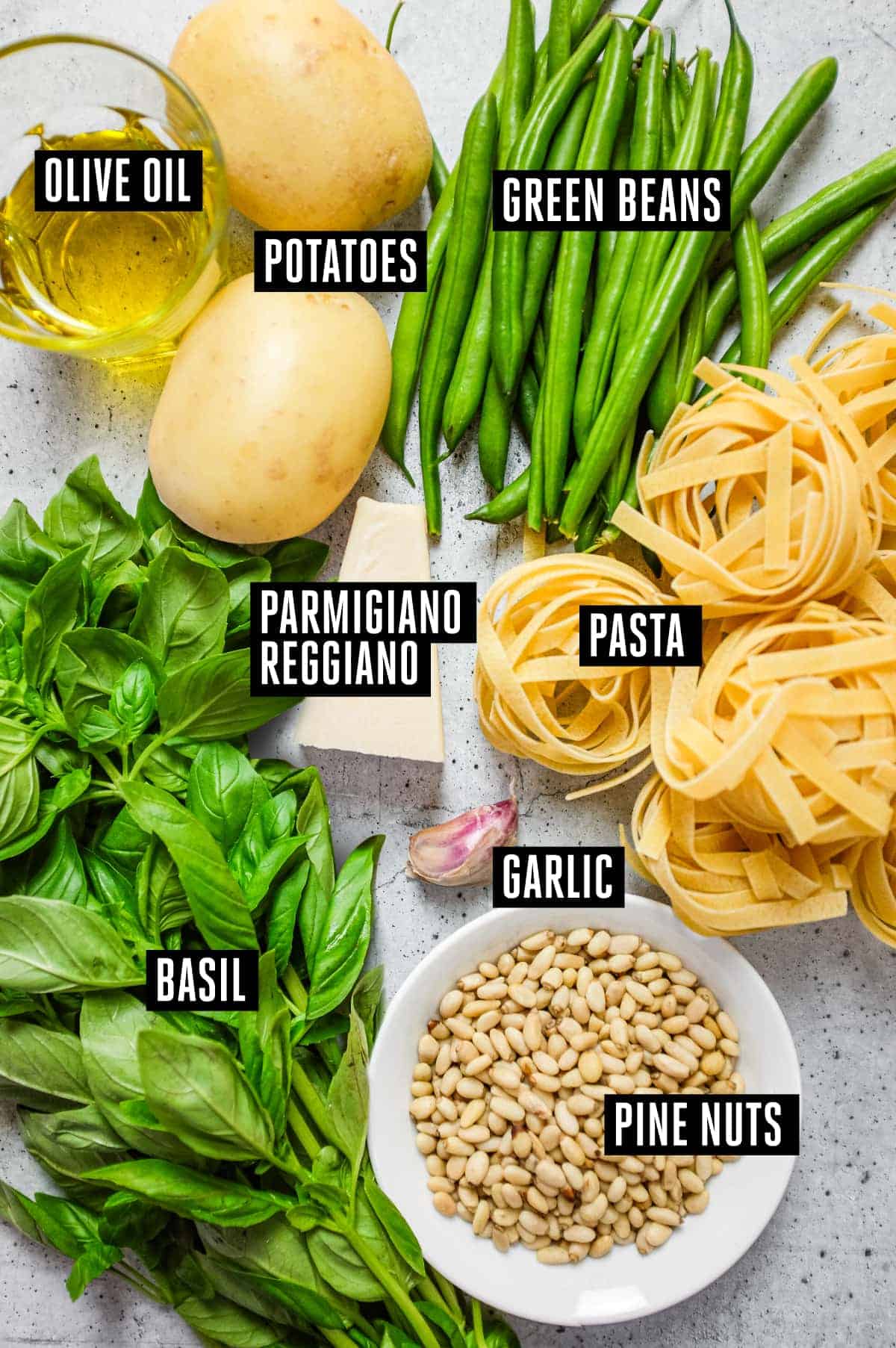 Pesto Pasta with Potatoes & Green Beans (Trenette al Pesto) | cookeatworld.com The ingredients for Pesto Pasta with potatoes & green beans: potatoes, green beans, basil, pine nuts, cheese, garlic, olive oil and pasta