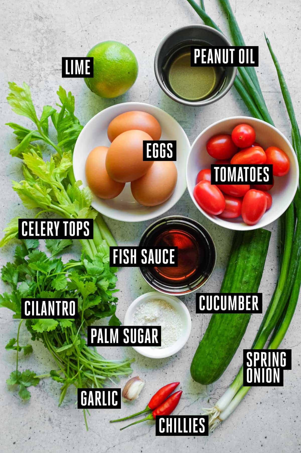 Thai Crispy Fried Egg Salad (Yam Kai Dao) | cookeatworld.com The labeled ingredients for Thai fried egg salad Yam Kai Dao
