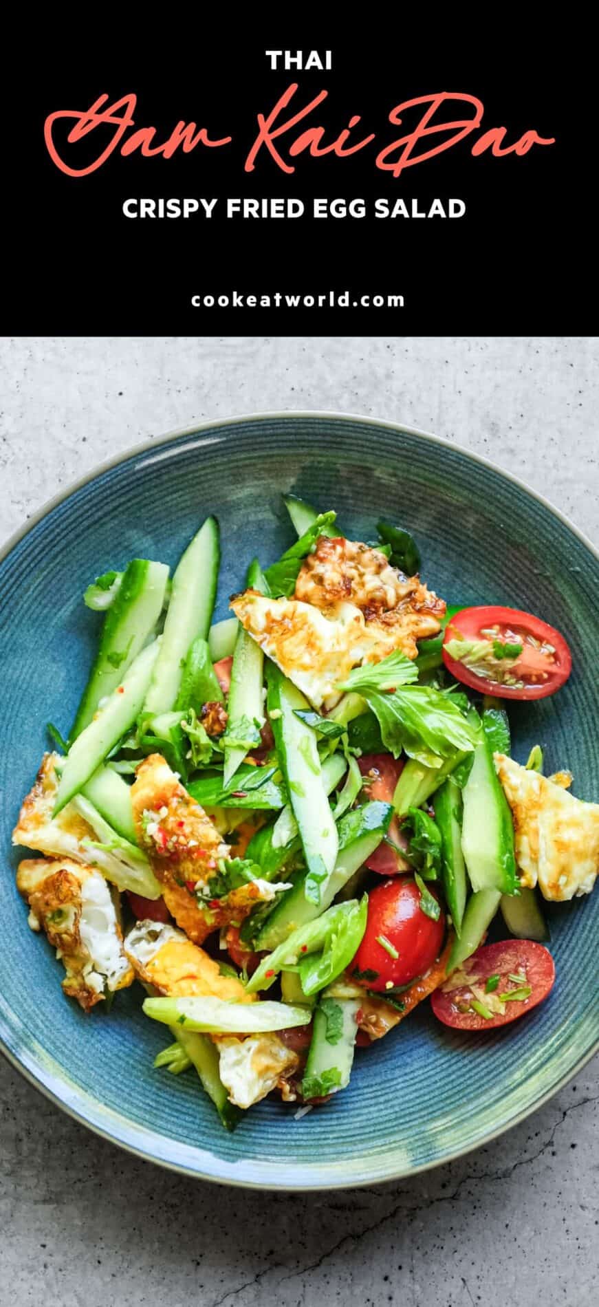 Crispy fried eggs in Thai salad with lime and fish sauce dressing