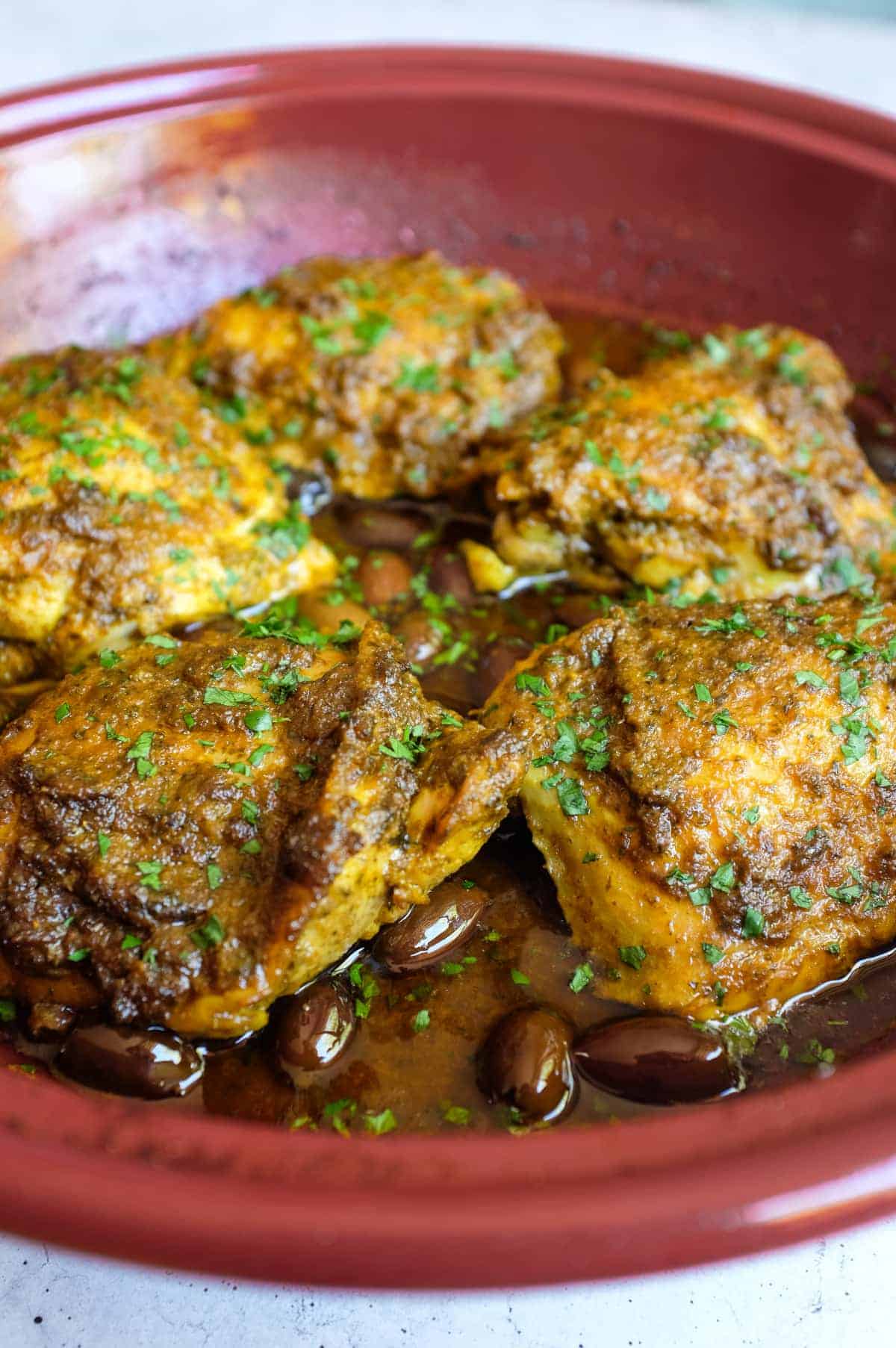 chicken thighs cooked in chermoula with rich sauce