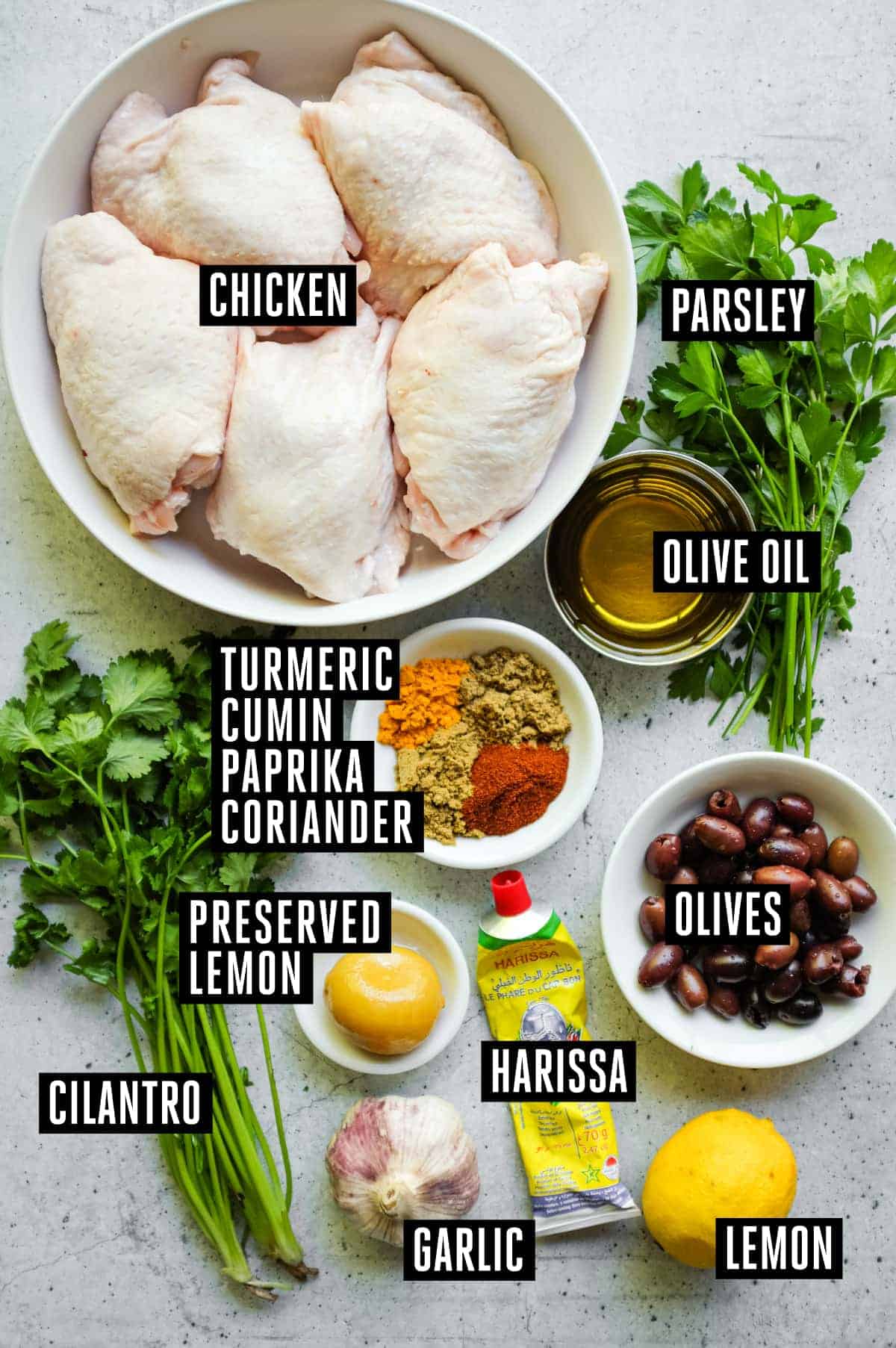 Moroccan Chermoula Chicken | cookeatworld.com The Ingredients for Chermoula Chicken - Chicken, spices, cilantro, preserved lemon, harissa, olives and more.