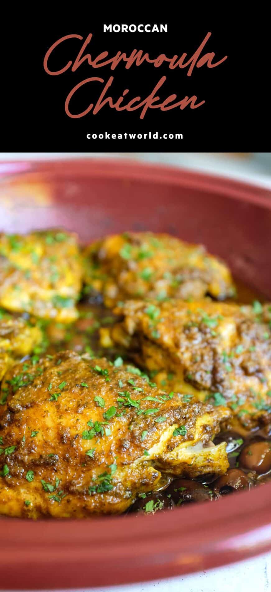 chermoula chicken cooked in a tagine with olives and herbs