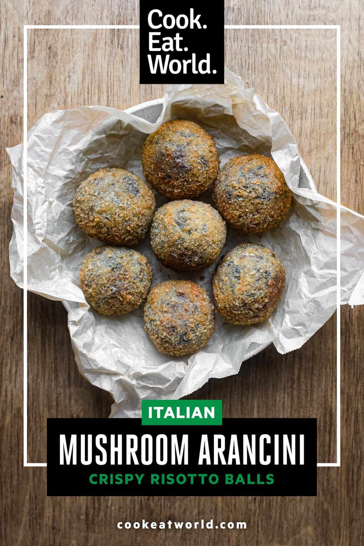 Golden mushroom arancini with crunchy breadcrumb coating and gooey cheese centre.