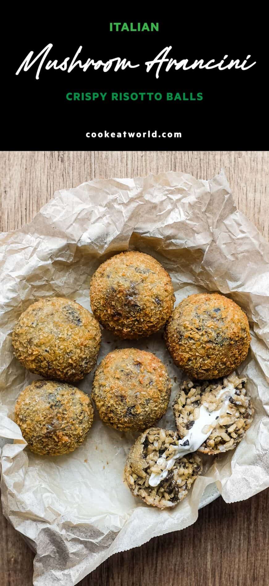 A bowl of crispy golden mushroom arancini with melted mozzarella centres.