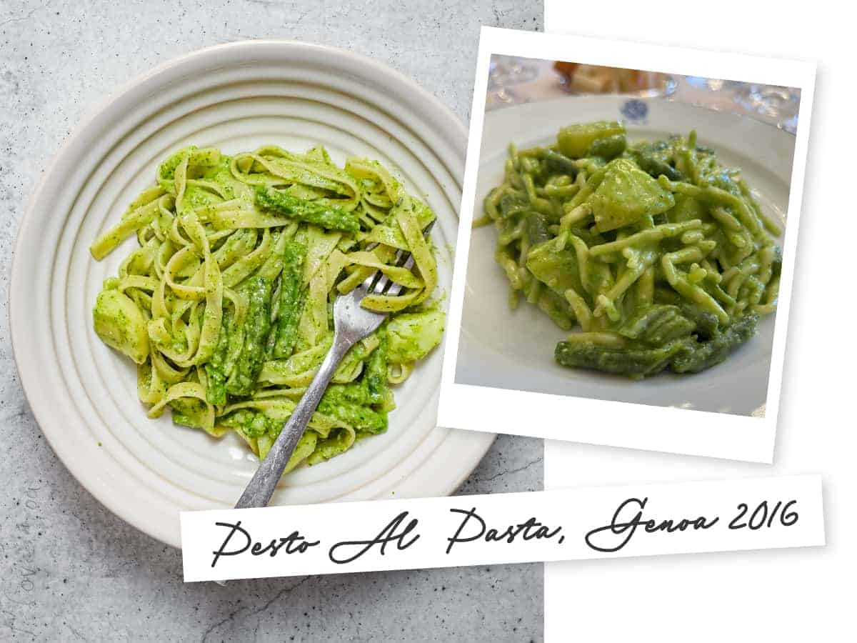 Inspiration to Recipe – Pesto al Pasta | cookeatworld.com Two dishes of Pesto Al Pasta, one taken on holiday in Italy, the other a recipe photo from cookeatworld