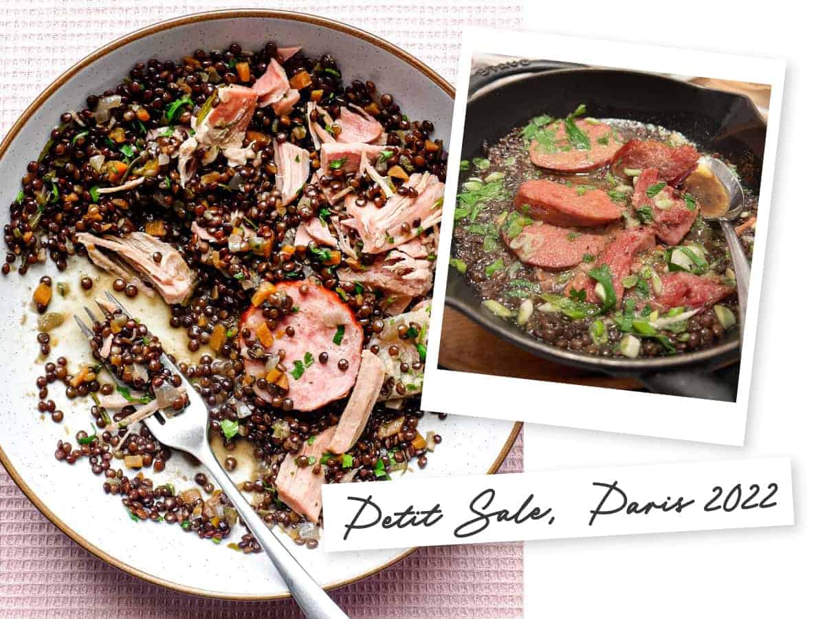 Inspiration to Recipe – Salt Pork with Lentils | cookeatworld.com Two dishes of Lentils with Salt Pork, one taken on holiday in France, the other a recipe photo from cookeatworld