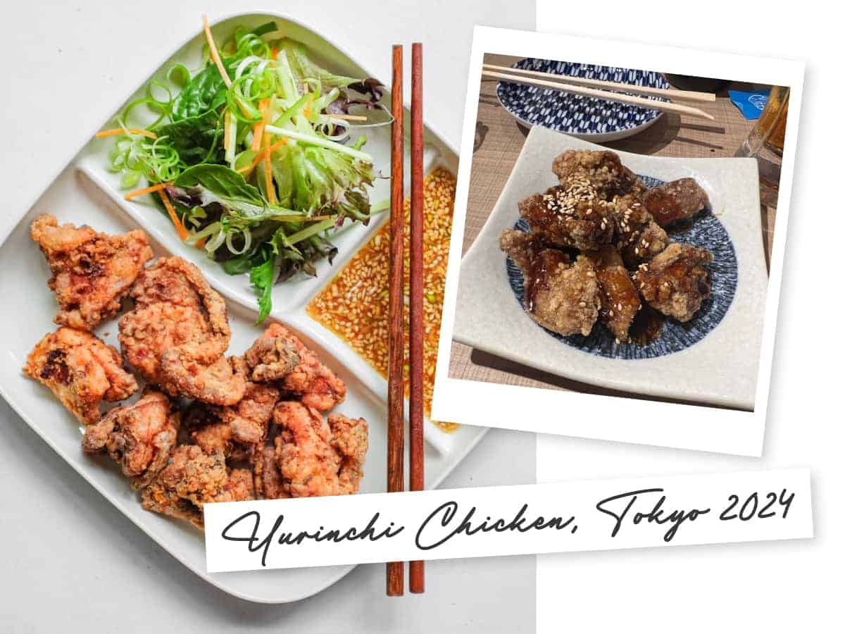 Two dishes of Yurnichi Chicken, one taken on holiday in Japan, the other a recipe photo from cookeatworld