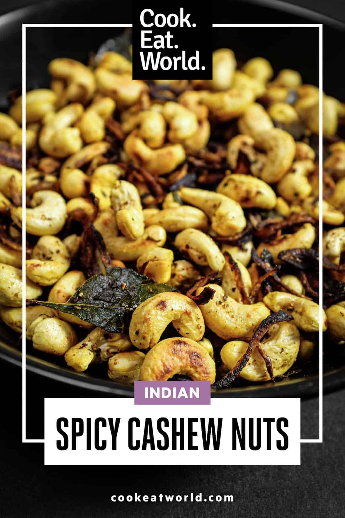Crunchy South Indian curry leaf cashews served in a rustic bowl.