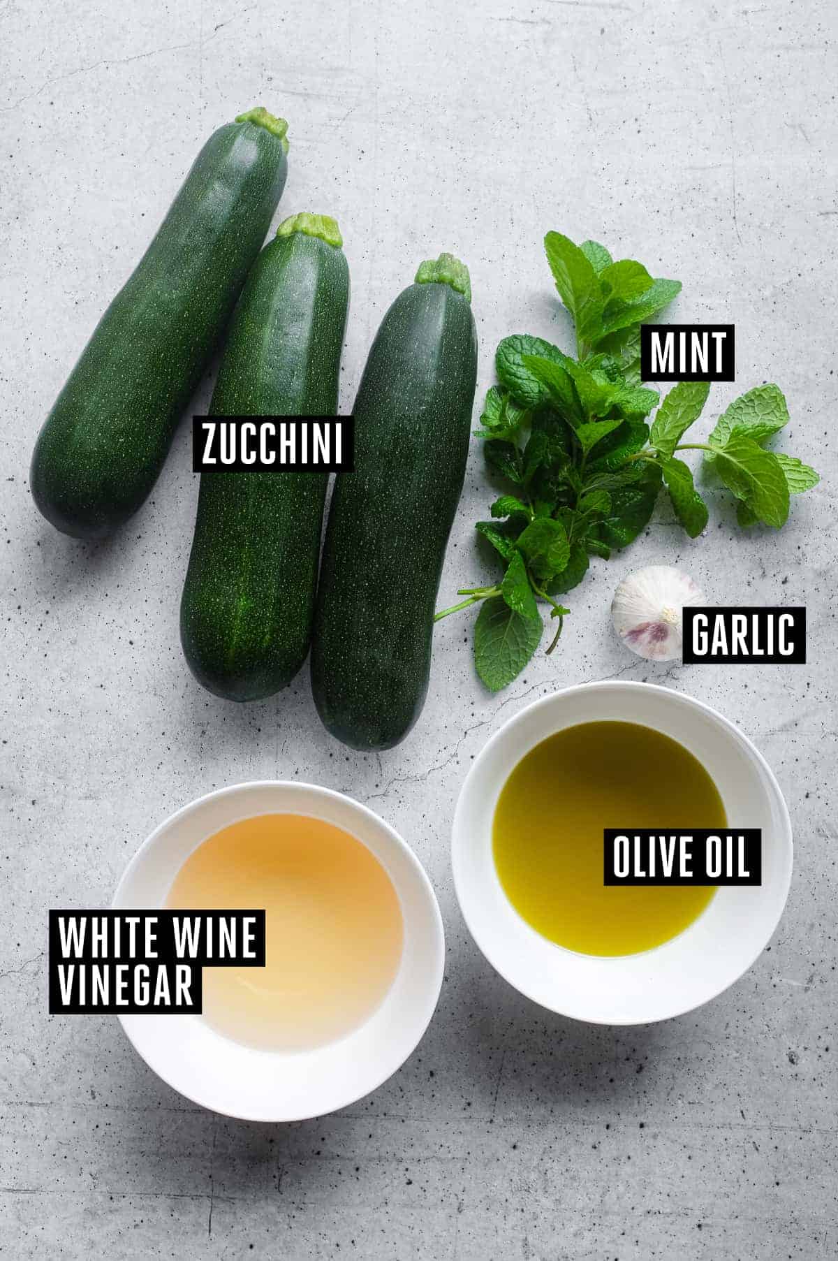 Zucchini Alla Scapece (Italian Zucchini with Mint & Vinegar) | cookeatworld.com The ingredients for zucchini alla scapece: zucchini, mint, vinegar, garlic and olive oil