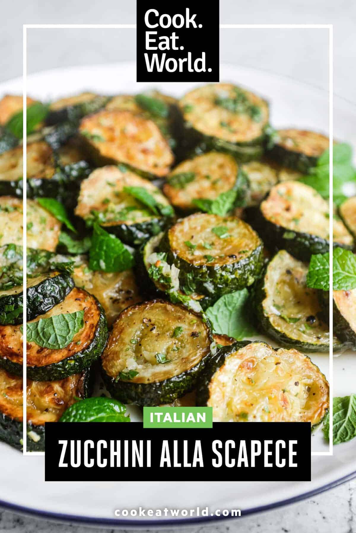 A platter of traditional zucchini alla scapece featuring tender fried zucchini in a fragrant mint marinade.