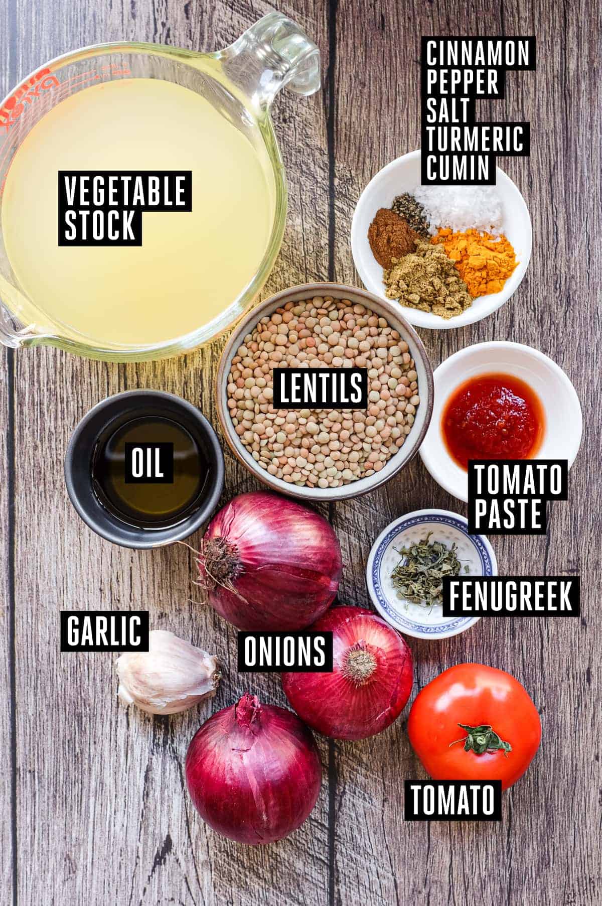 Adasi (Persian Lentil Soup) | cookeatworld.com the fresh ingredients for Persian Adasi soup, including lentils, onions and ground spices.