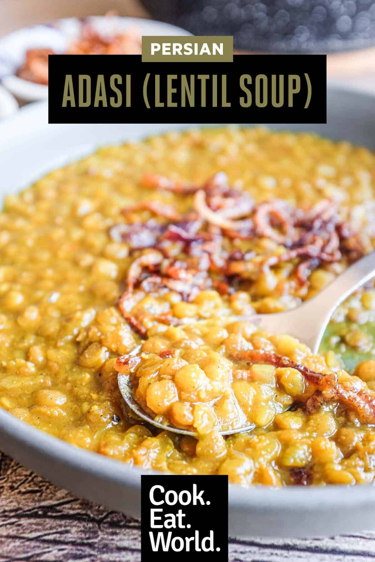 Thick Persian green lentil soup with caramelised onion garnish