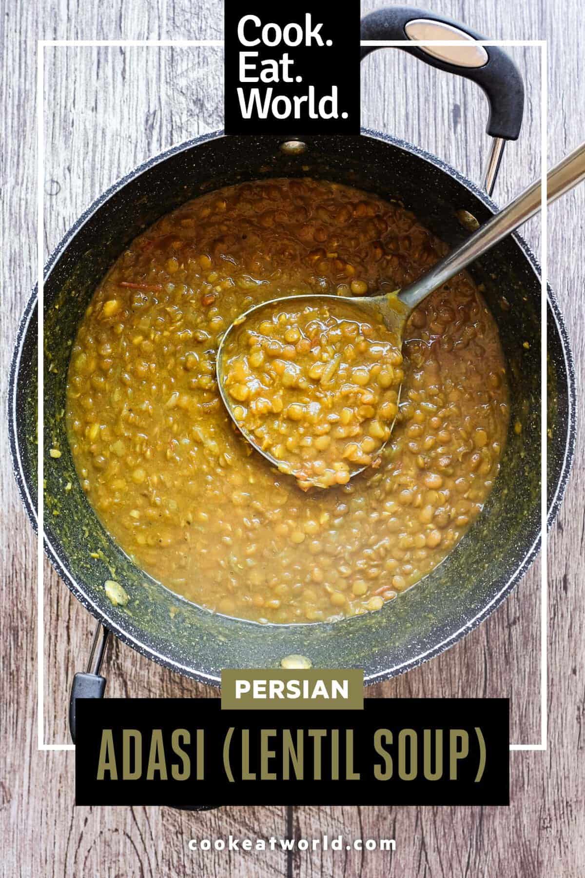 A pan of adasi lentil soup being stirred
