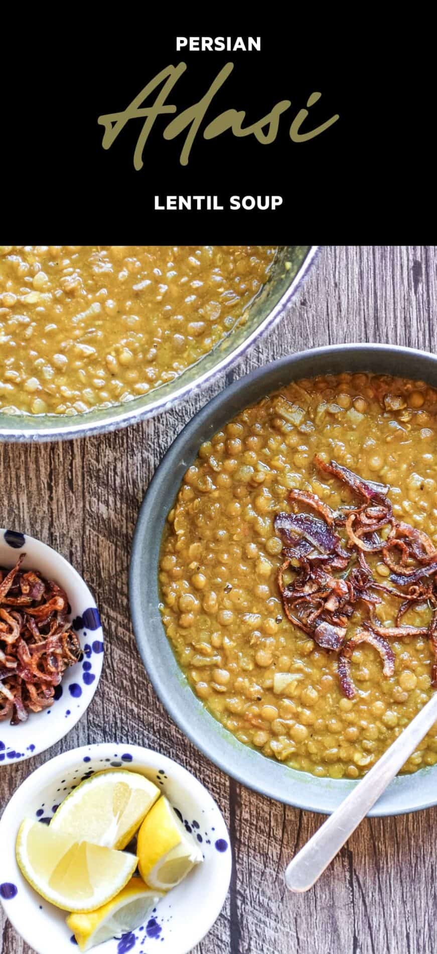 Bowl of Persian adasi lentil soup topped with crispy onions and dried fenugreek