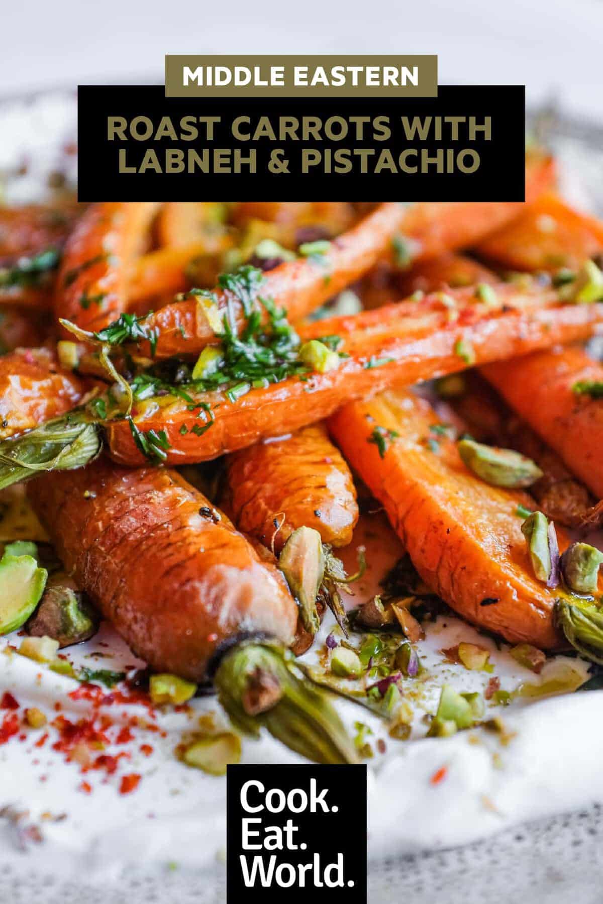 Mediterranean-style roasted carrots topped with fresh dill, pistachios and creamy labneh.