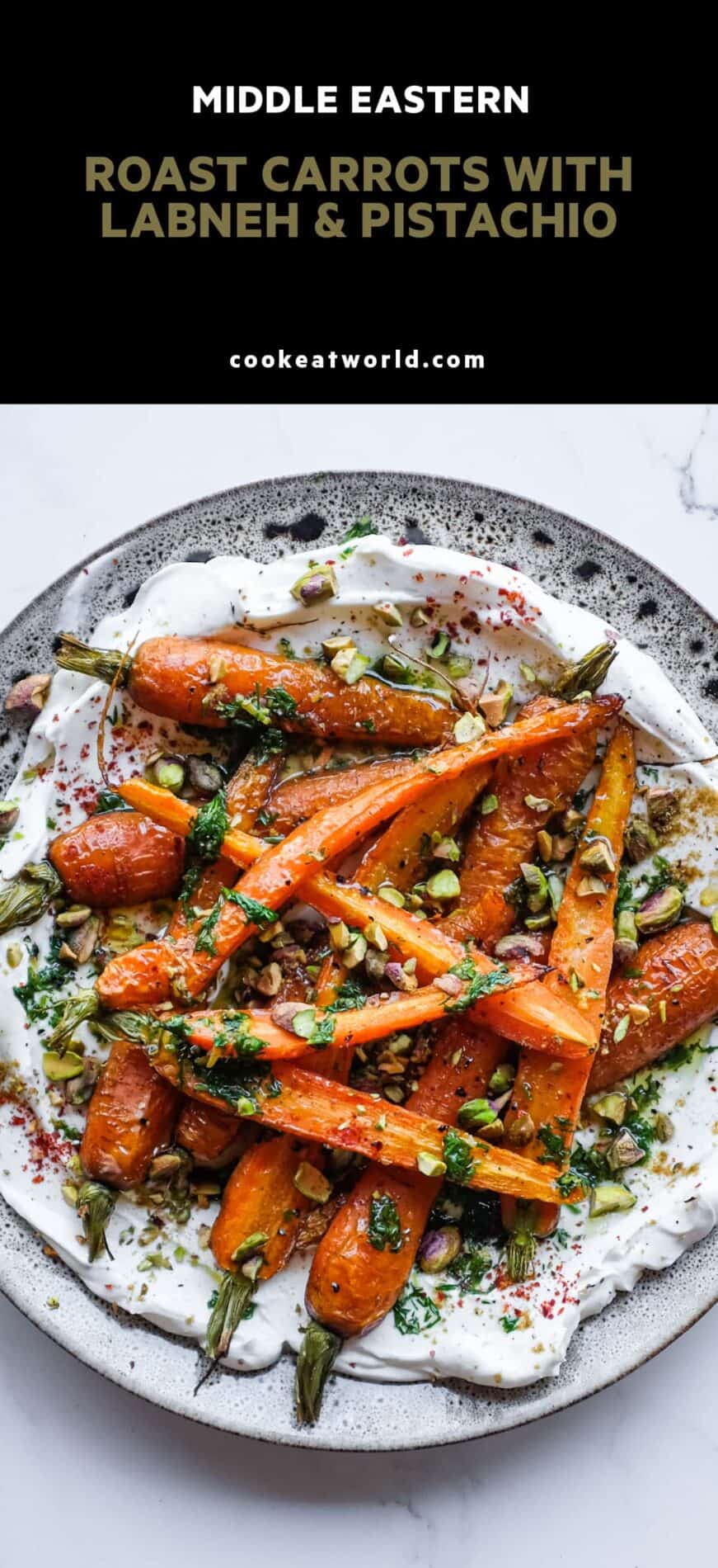 Caramelised roast carrots paired with creamy labneh and crunchy pistachios for an easy side dish.
