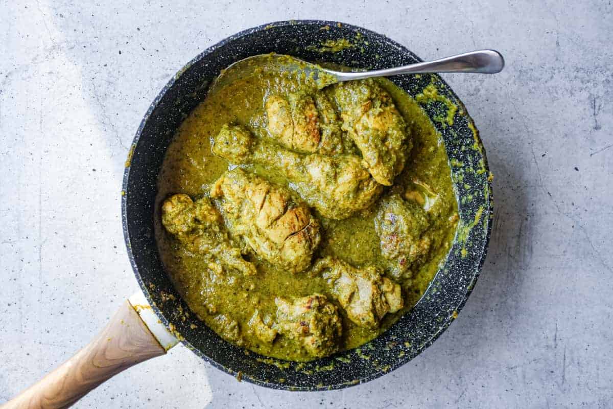 Easy Chicken Cafreal recipe served with fluffy basmati rice and fresh lime.
