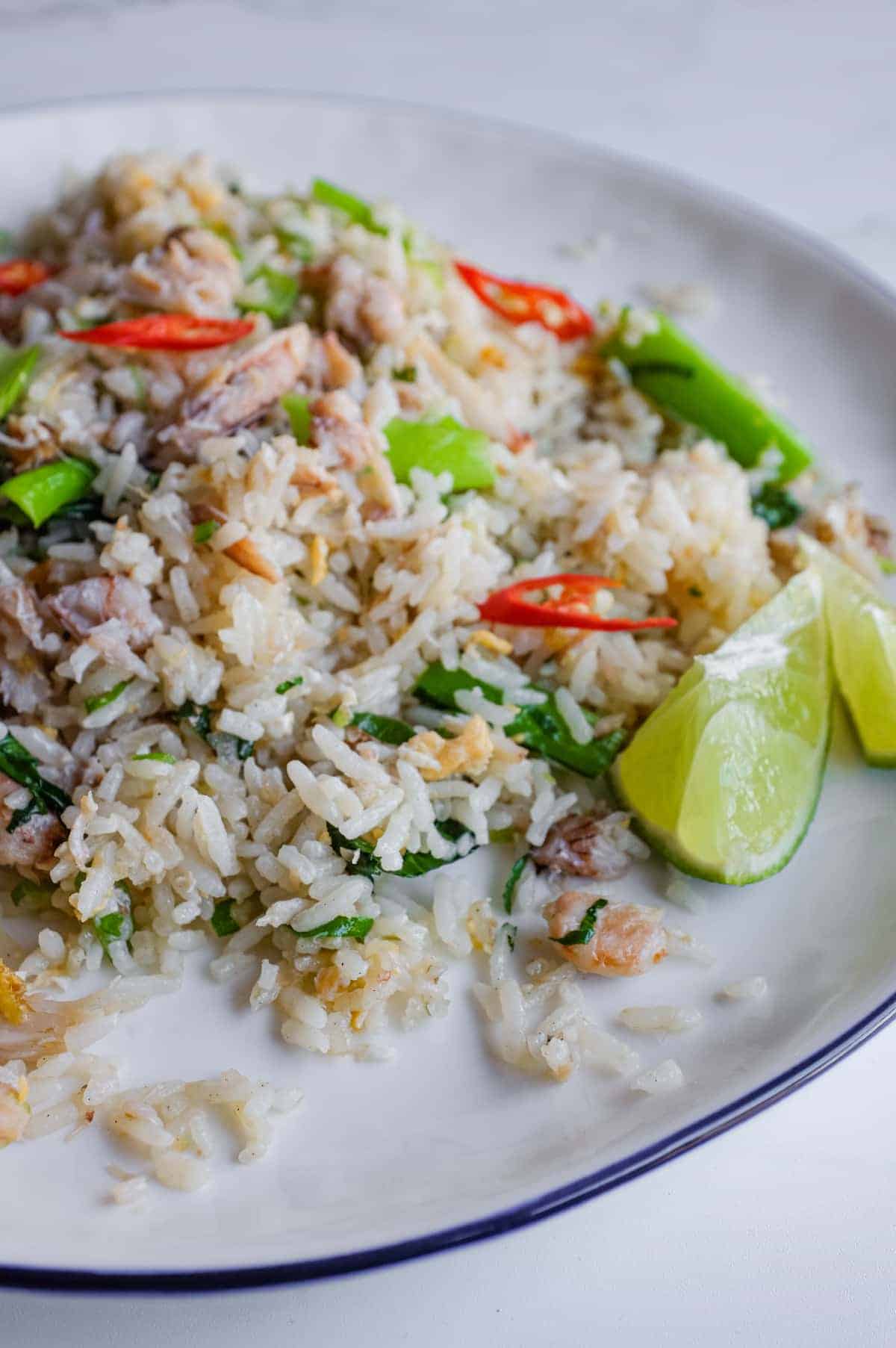 Close-up of sweet crabmeat, jasmine rice and scrambled egg in Vietnamese fried rice