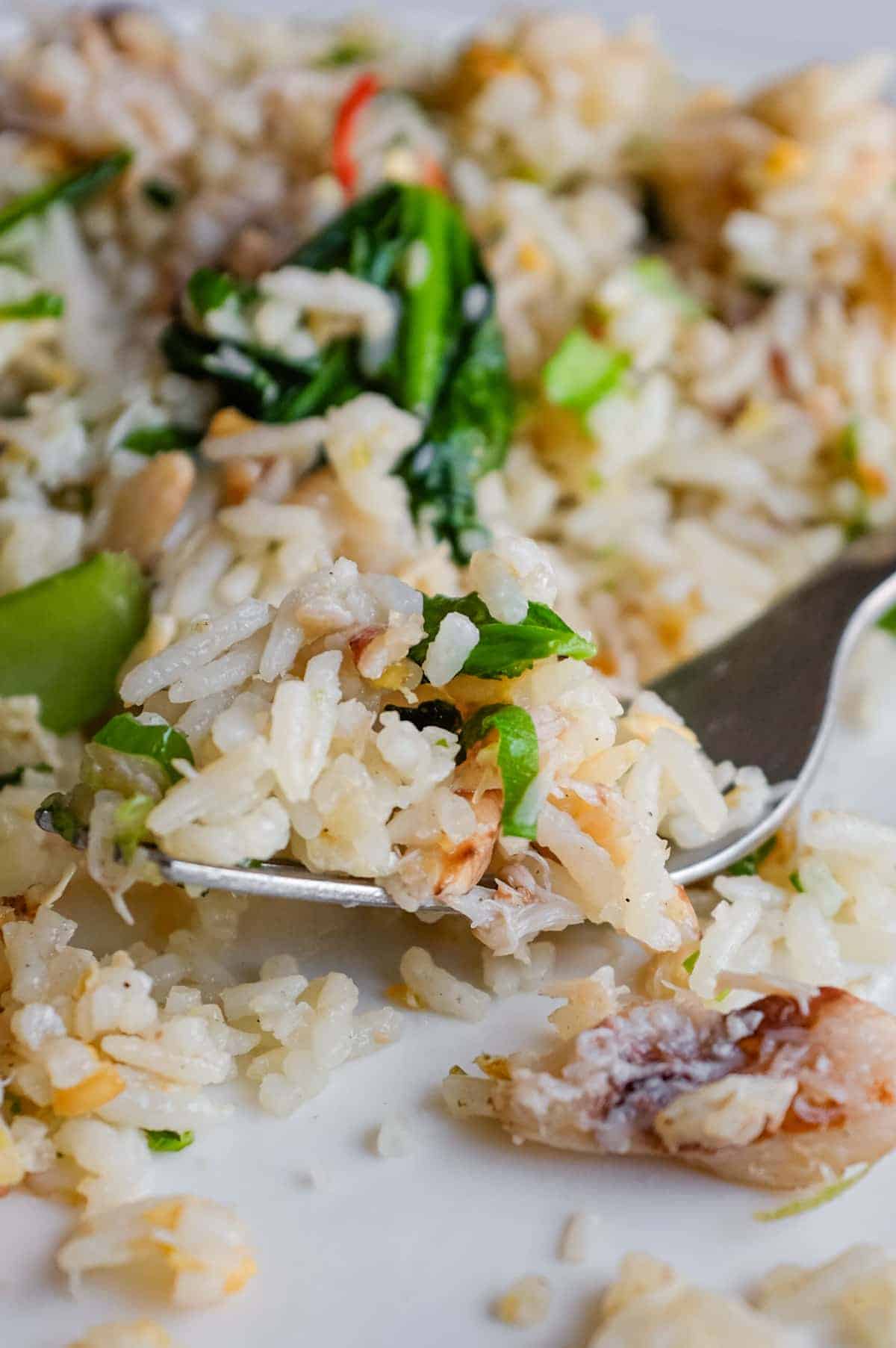 Vietnamese crab fried rice with egg, Asian greens, spring onion and lime