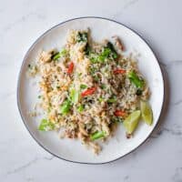 Crab fried rice with jasmine rice, egg, Asian greens and fresh Vietnamese aromatics