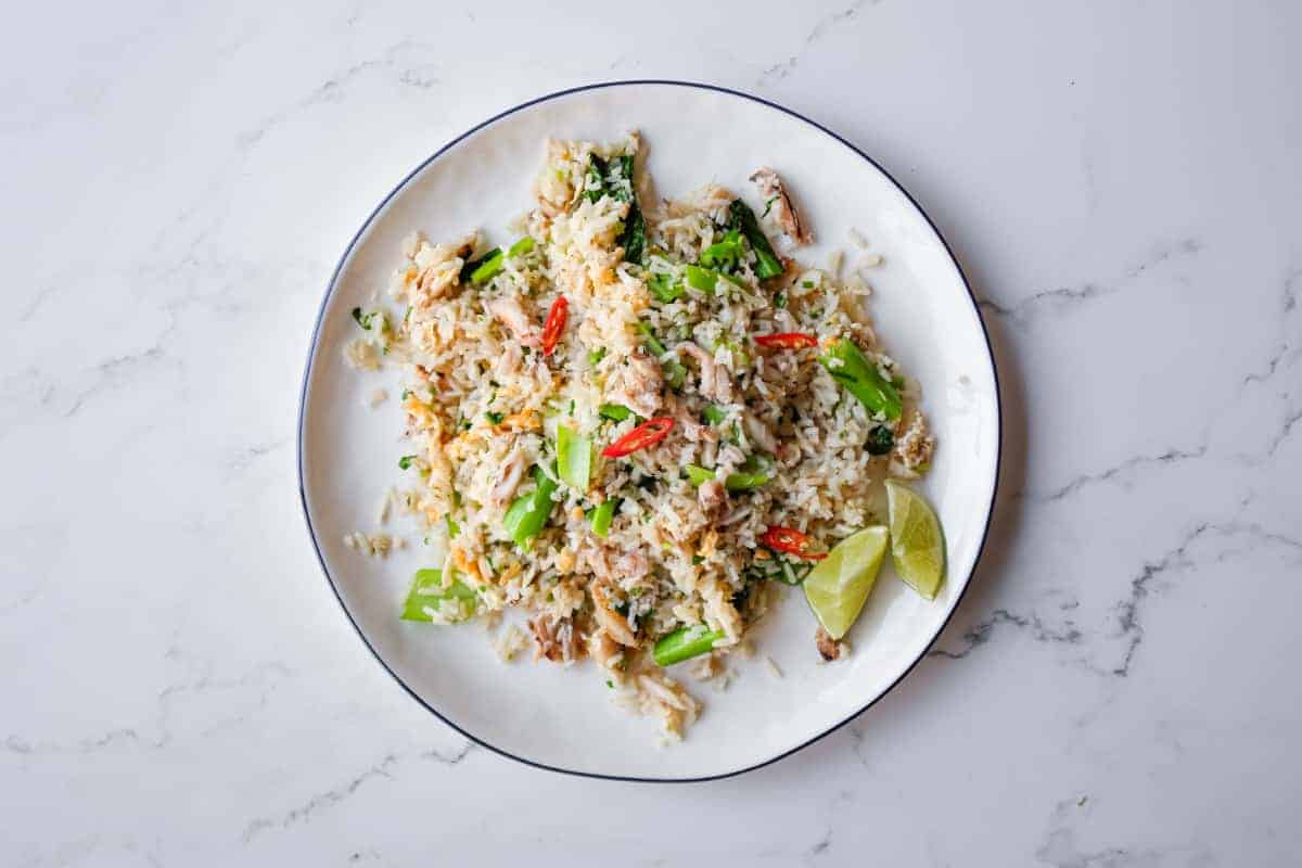 Crab fried rice with jasmine rice, egg, Asian greens and fresh Vietnamese aromatics