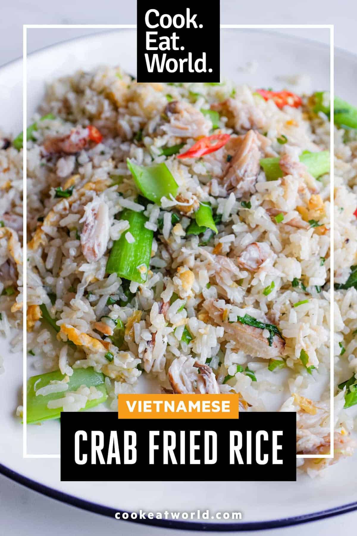 Bowl of Vietnamese crab fried rice topped with fresh cilantro and spring onions