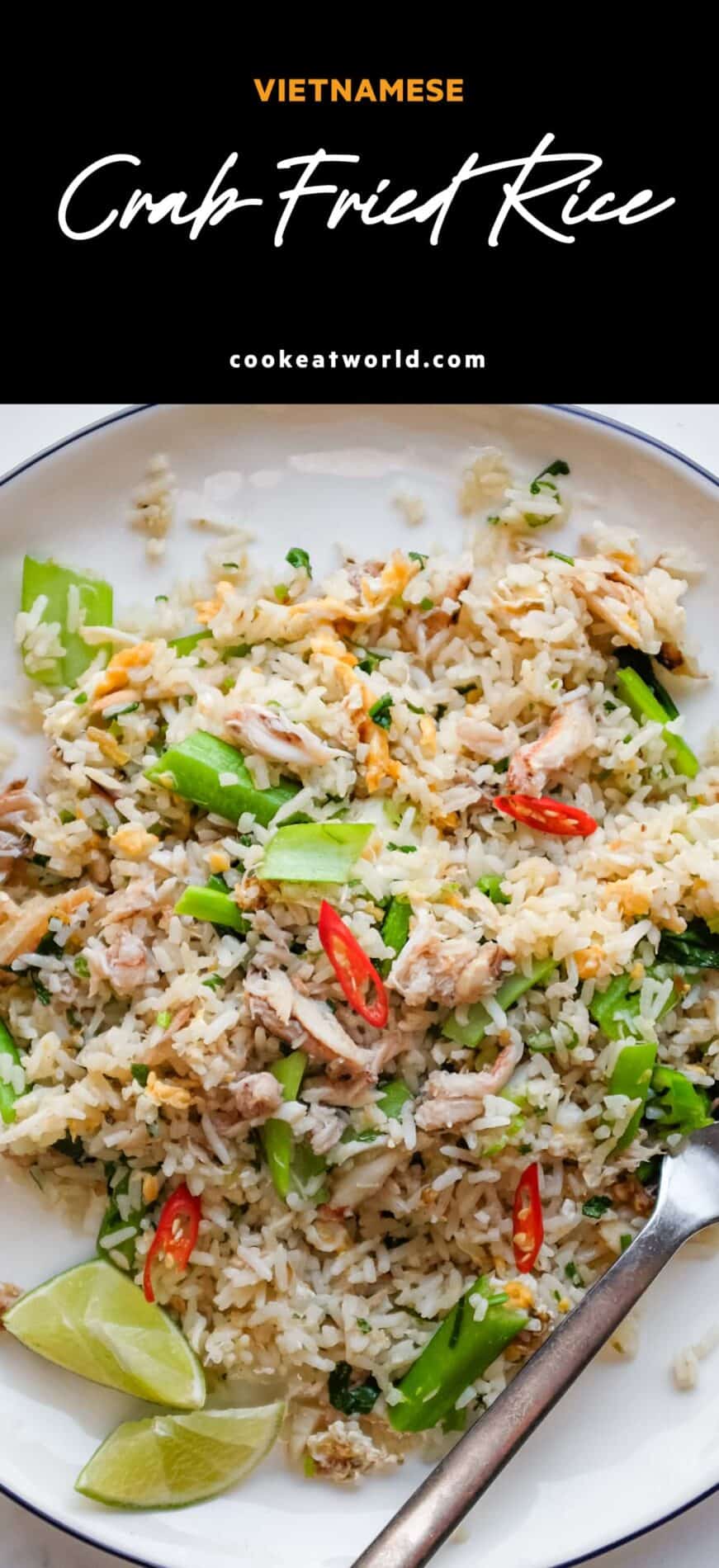 Vietnamese crab fried rice with egg, Asian greens, spring onion and lime