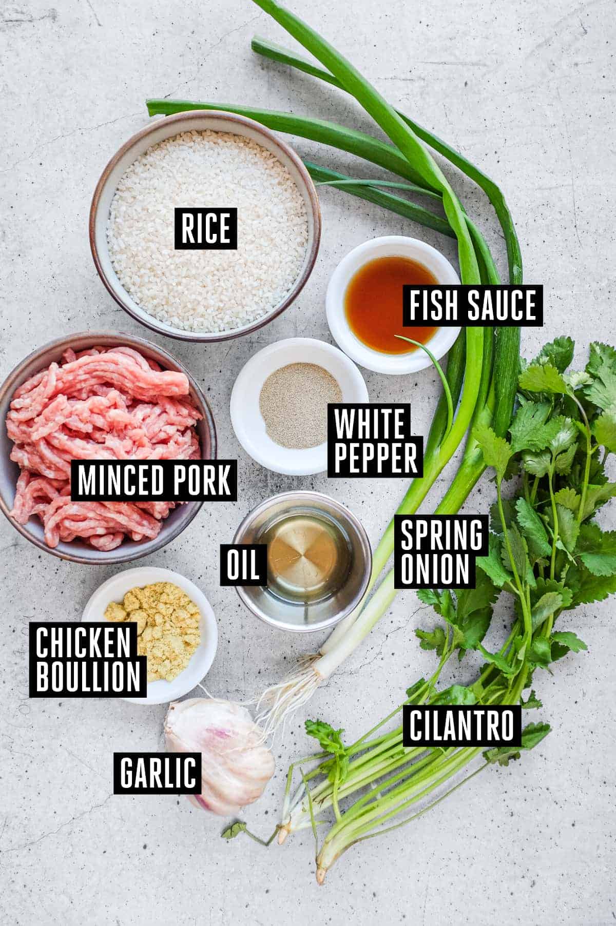 Ingredients for khao tom moo including minced pork, broken rice, garlic, coriander and spring onions