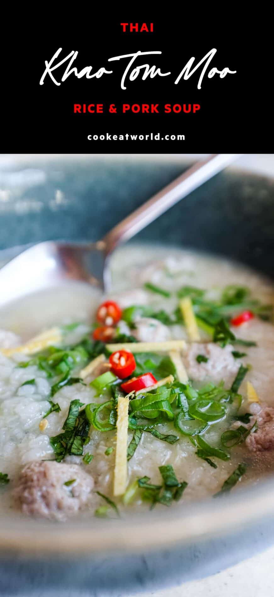 Bowl of Thai khao tom moo with pork meatballs, soft rice, coriander, ginger, chillies and sliced spring onions