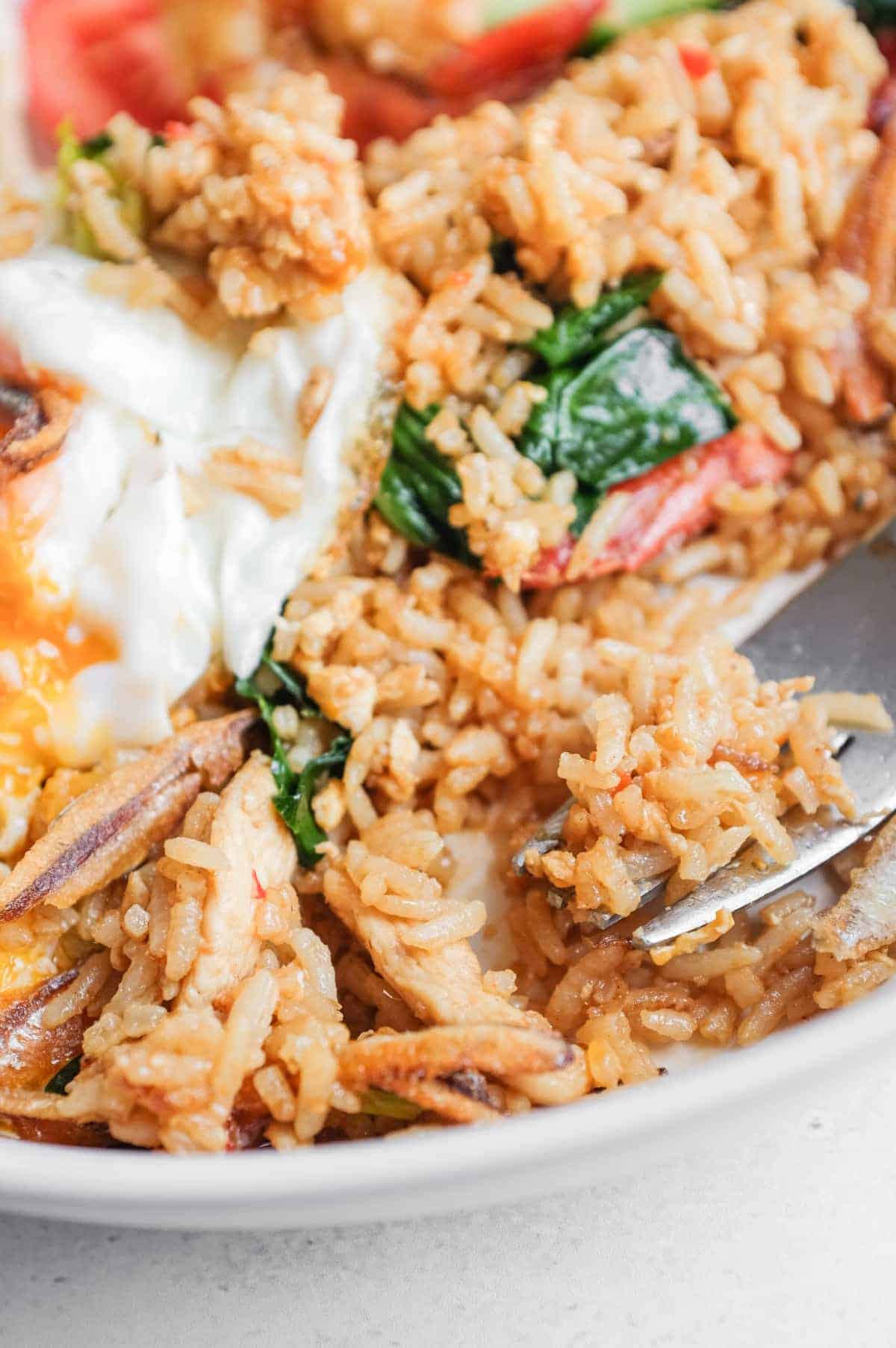 Malaysian nasi goreng kampung topped with a crispy fried egg and ikan bilis