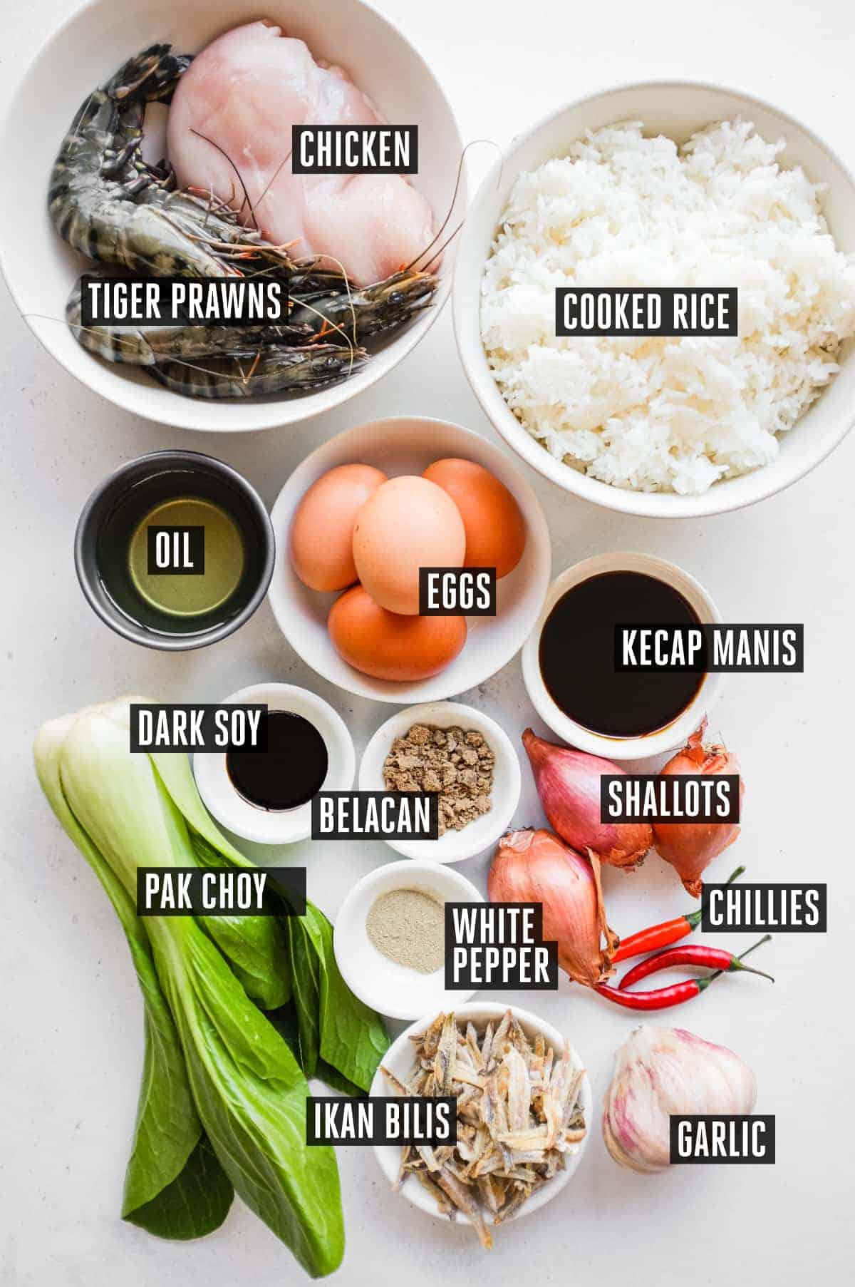 Nasi Goreng Kampung (Malaysian Fried Rice) | cookeatworld.com Ingredients for nasi goreng kampung arranged