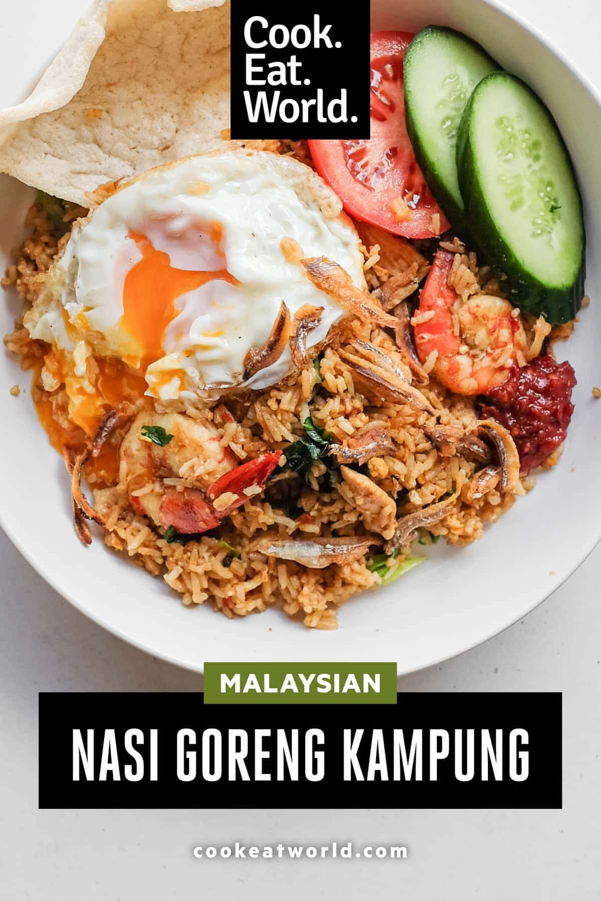 Close-up of Malaysian fried rice topped with crispy anchovies