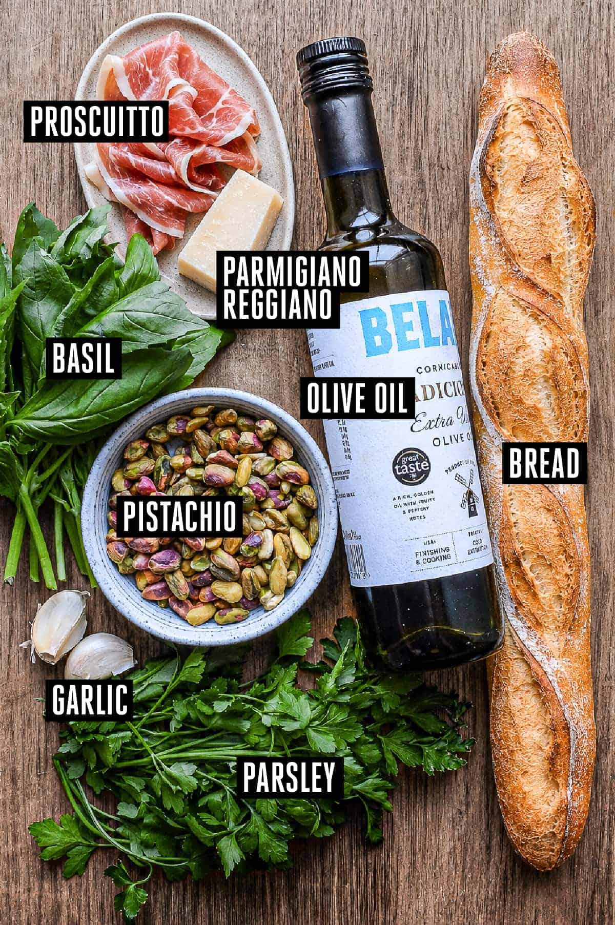 Sicilian Pistachio Pesto Crostini | cookeatworld.com The ingredients for an authentic Sicilian pistachio pesto crostini
