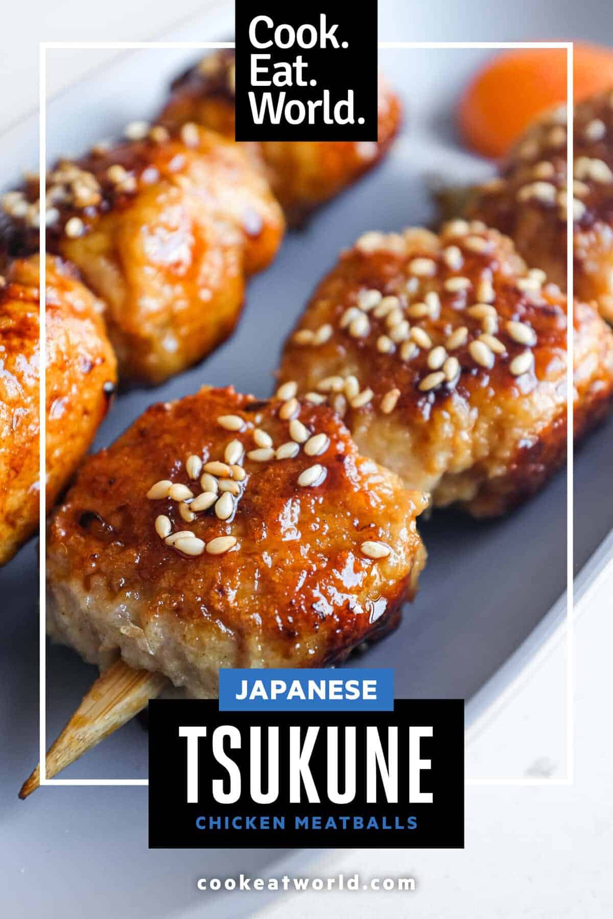 Close-up of juicy Japanese chicken meatballs coated in a glossy sweet and savoury tare sauce