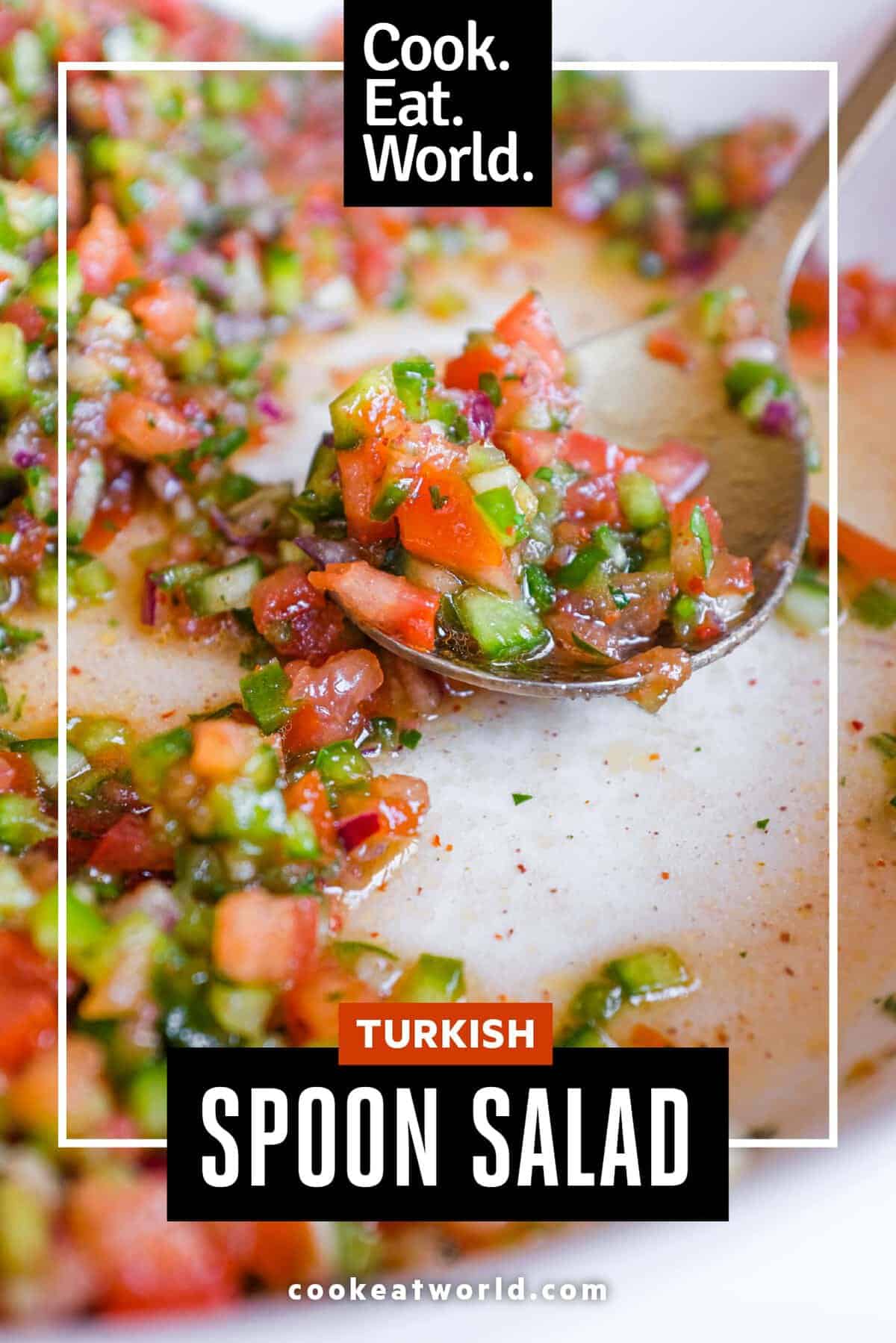 Healthy Turkish Spoon Salad made with tomatoes, cucumber, peppers and pomegranate molasses.