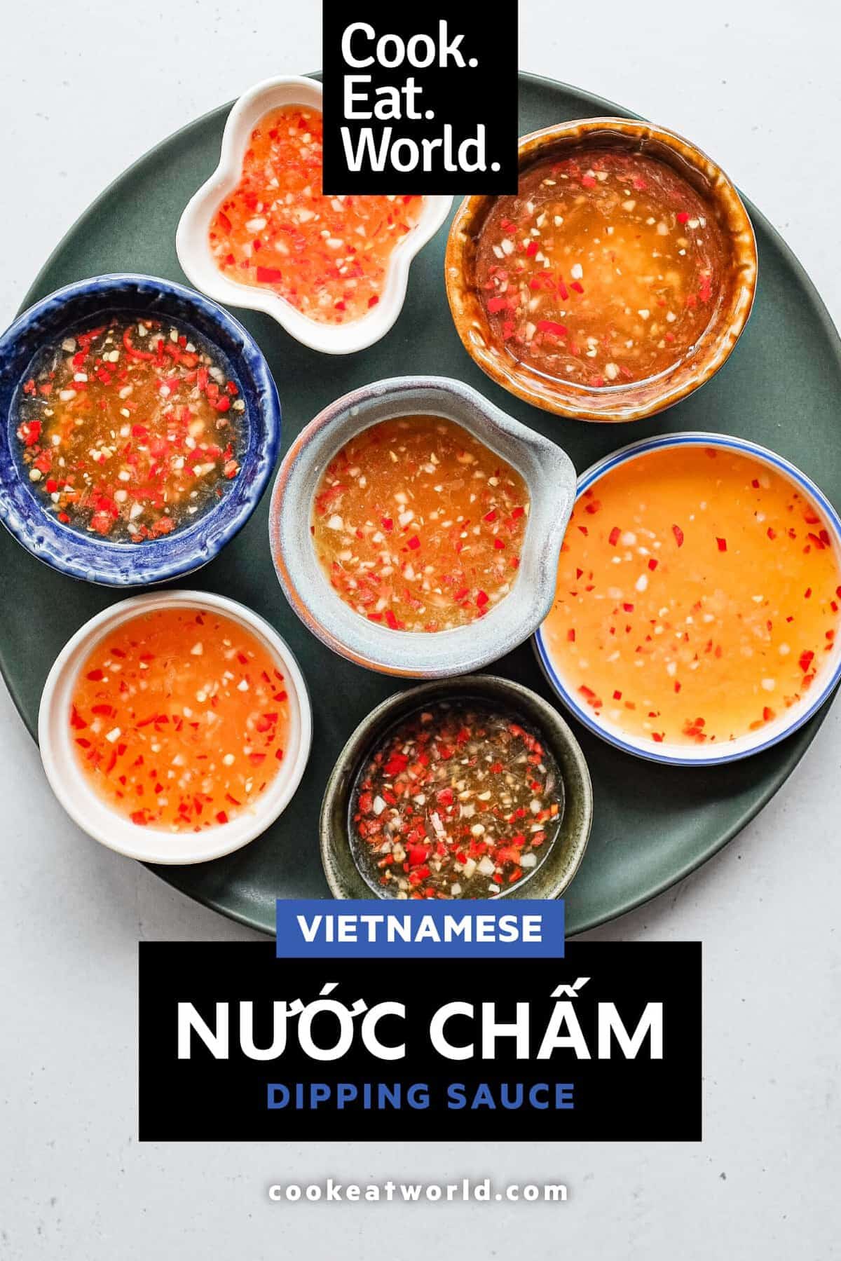 Vietnamese nuoc cham dipping sauce served in a selection of small ceramic bowls