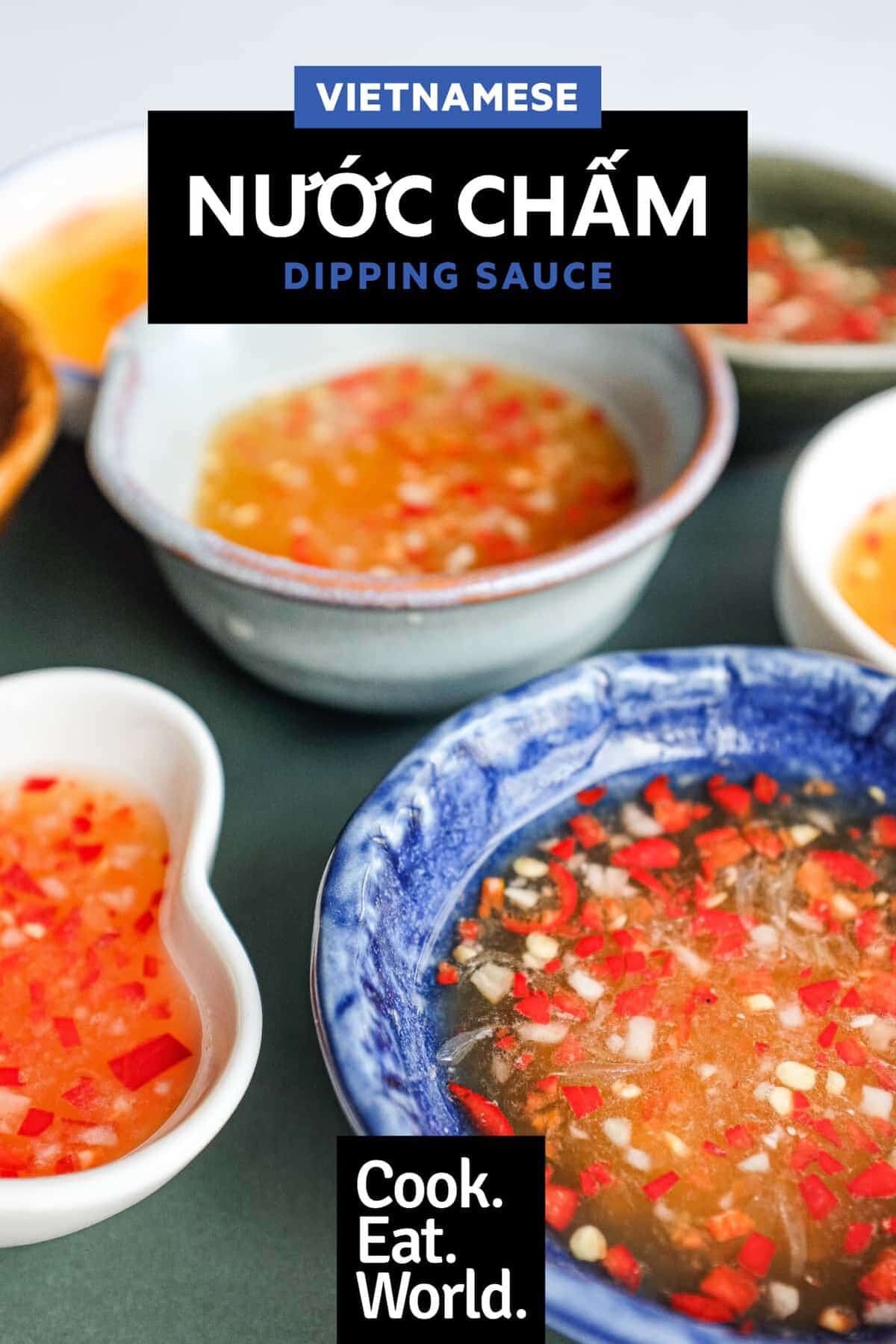 Vietnamese nuoc cham dipping sauce served in a selection of small ceramic bowls