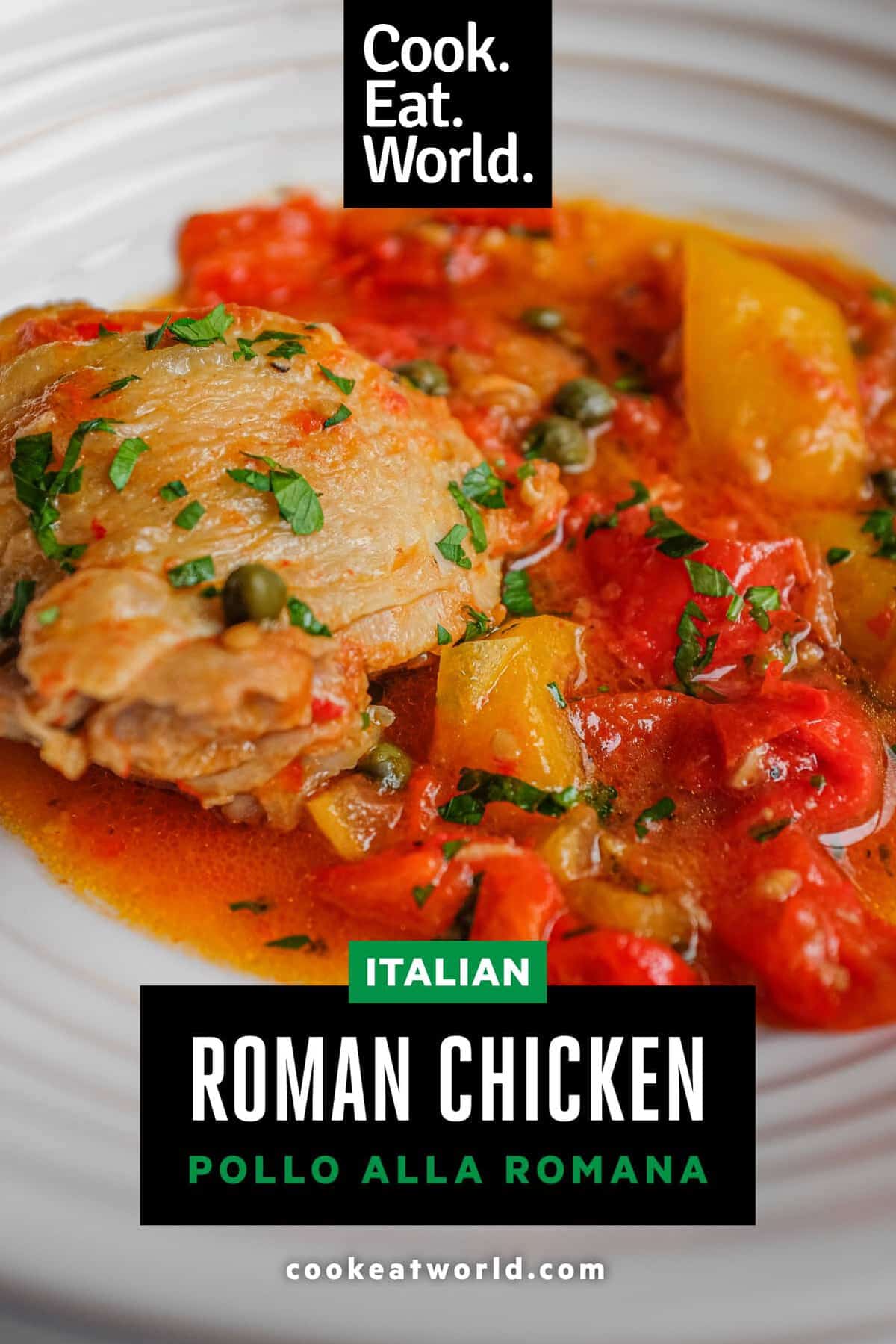 Roman chicken stew served with colourful peppers and fresh parsley.