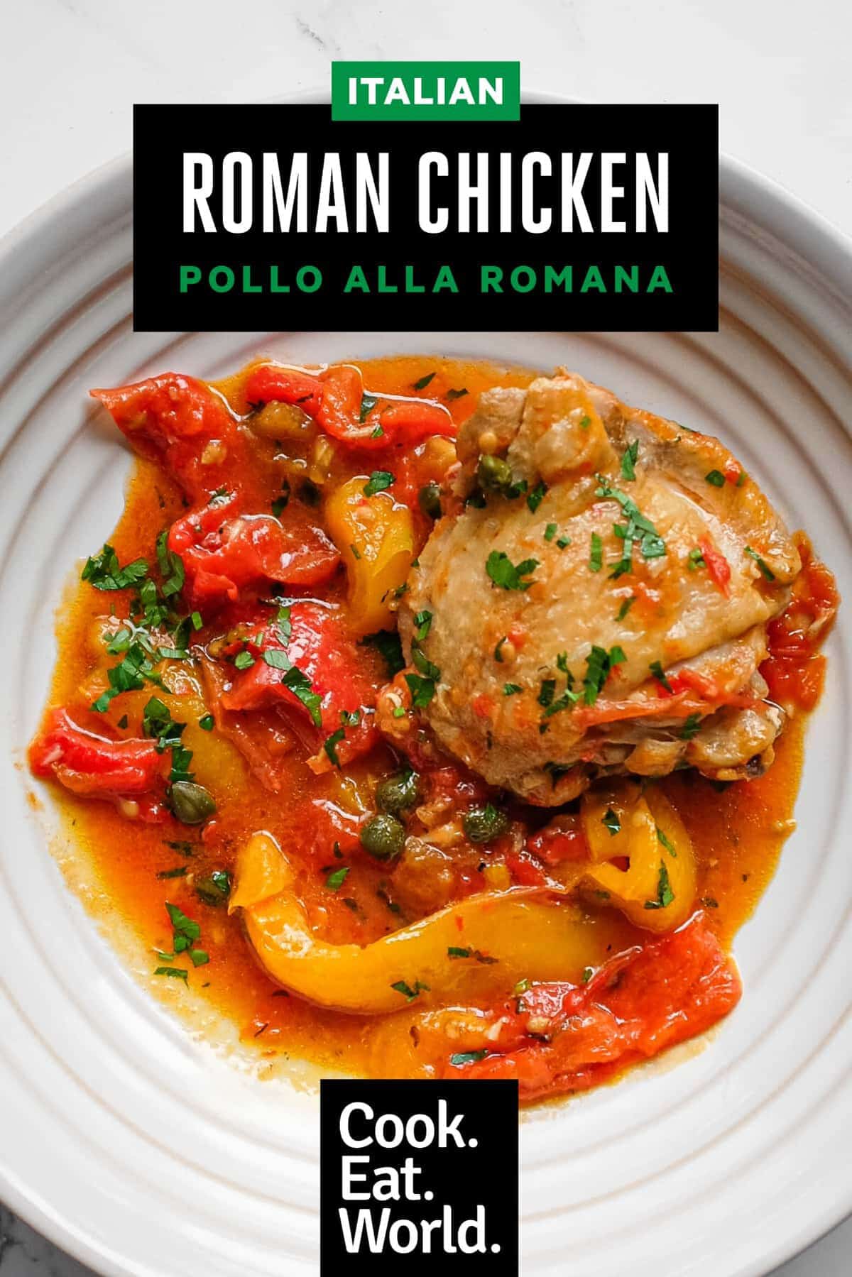 Close-up of chicken braised with colourful peppers and tomatoes in a rich sauce.