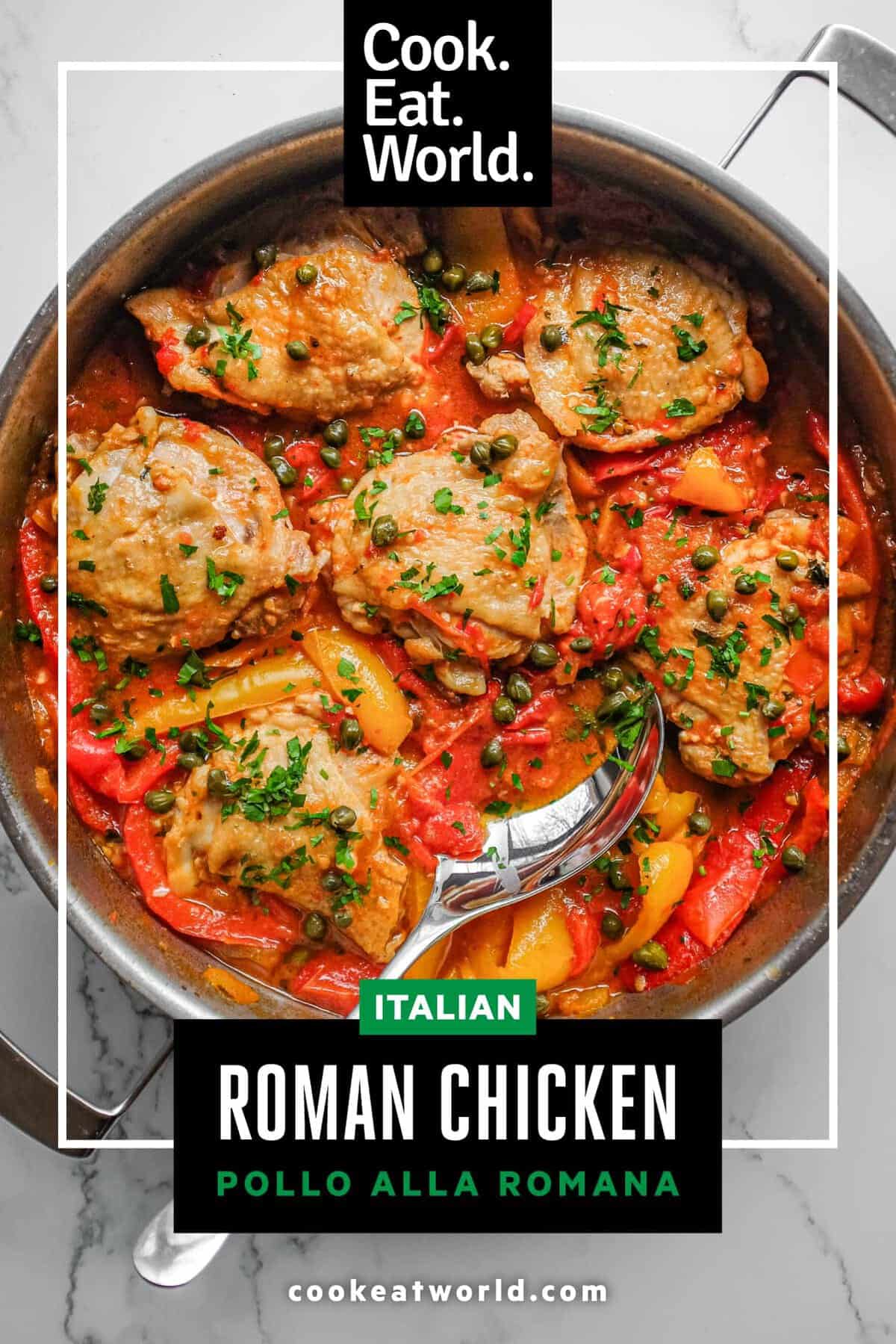 A pan of Roman chicken stew with tender chicken, sweet peppers, capers and chopped parsley.