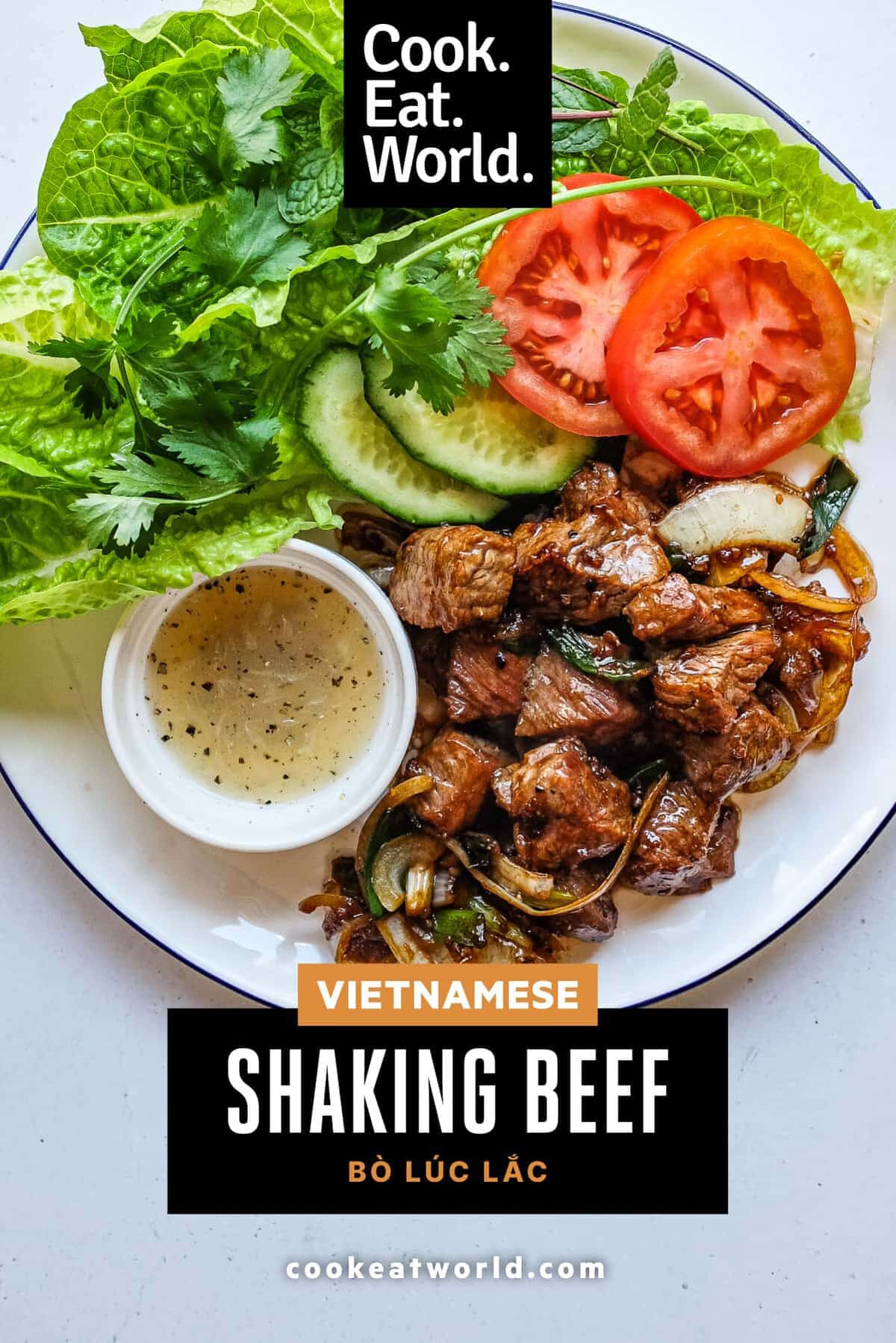 Tender Vietnamese shaking beef dipped into black pepper and lime sauce