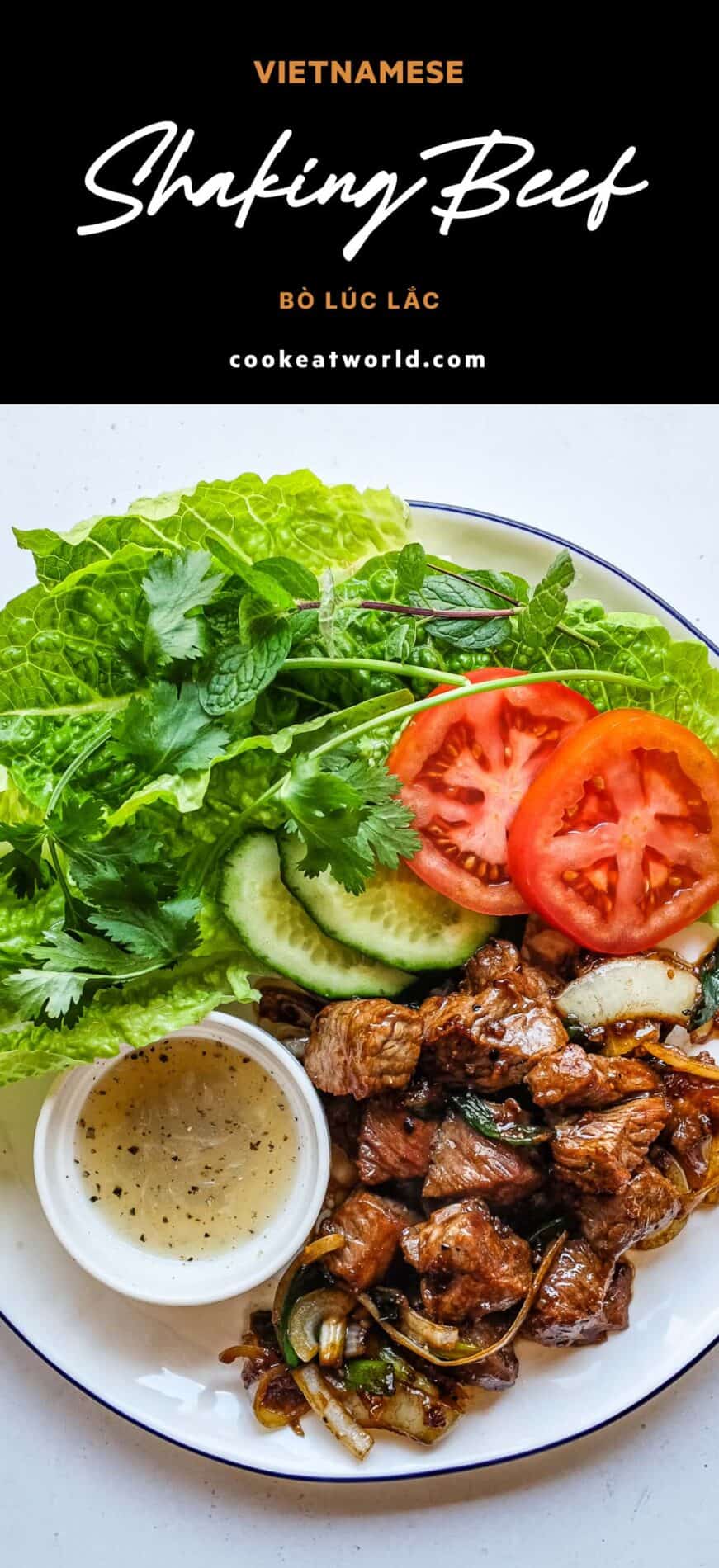 Vietnamese shaking beef served with lettuce, tomato, cucumber and fresh herbs