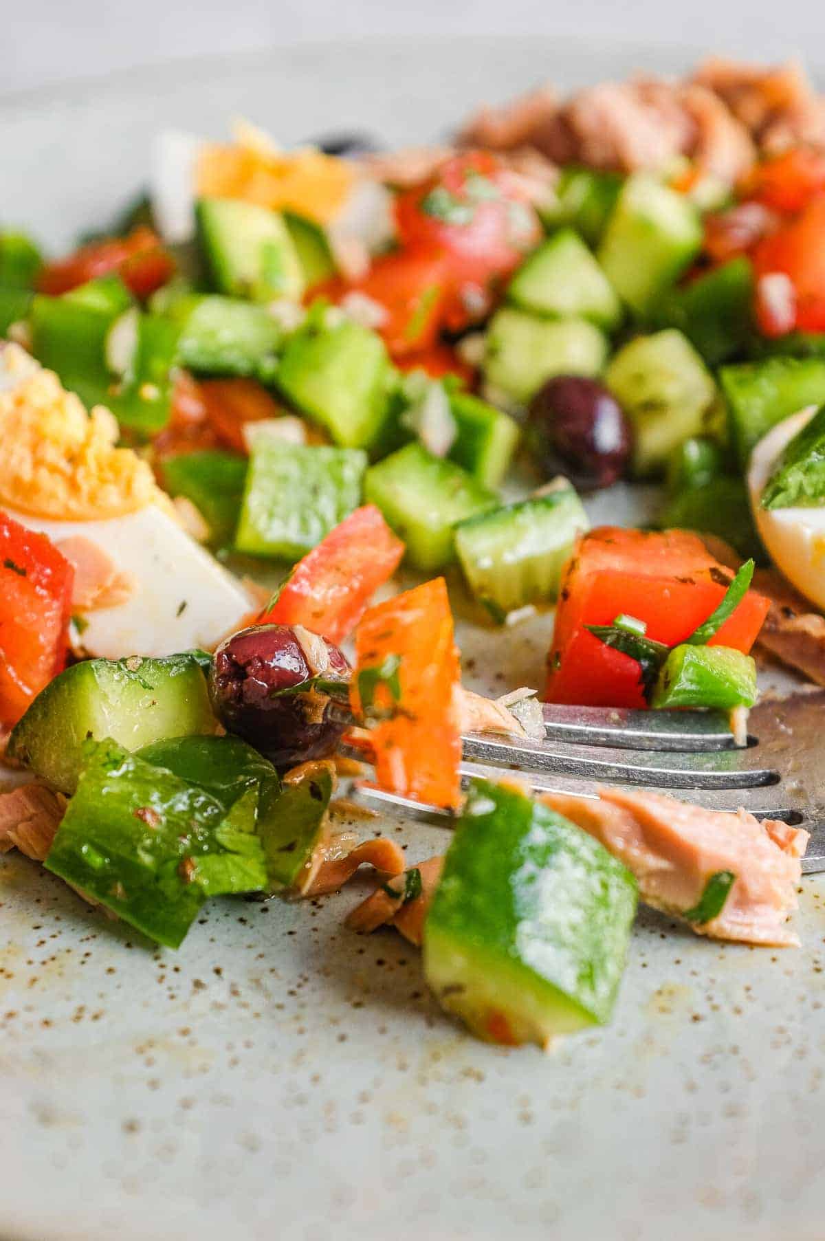 Tunisian salad with chopped vegetables, tuna, boiled eggs and green olives on a serving platter