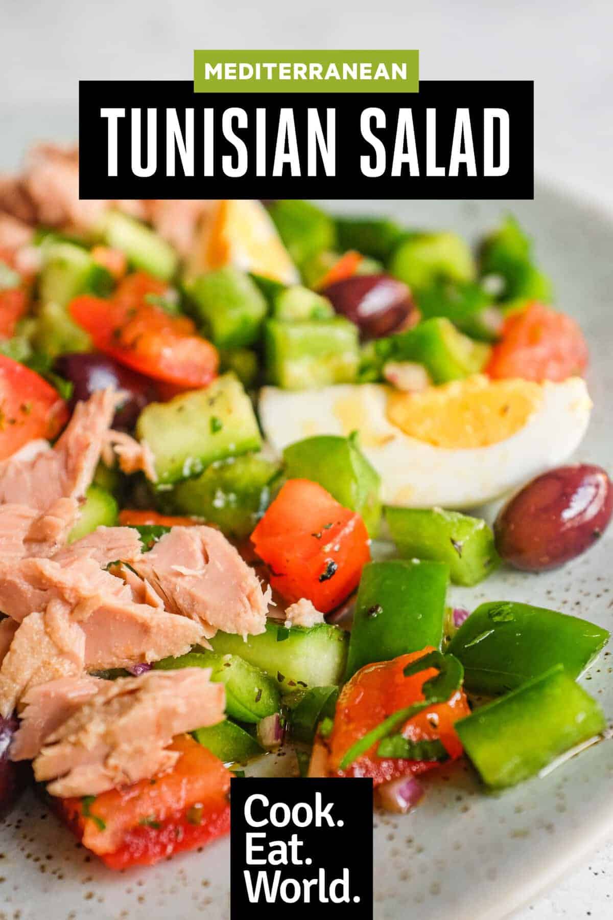 Tunisian salad with chopped vegetables, tuna, boiled eggs and green olives on a serving platter