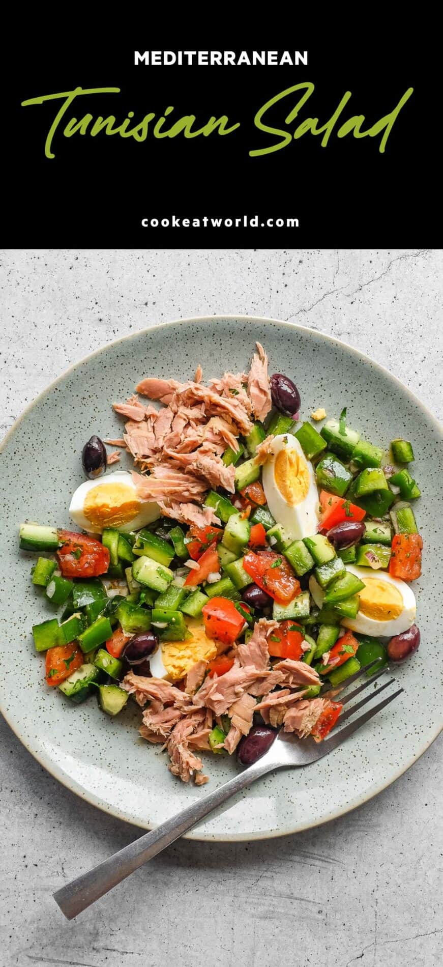 Tunisian salad with chopped vegetables, tuna, boiled eggs and green olives on a serving platter