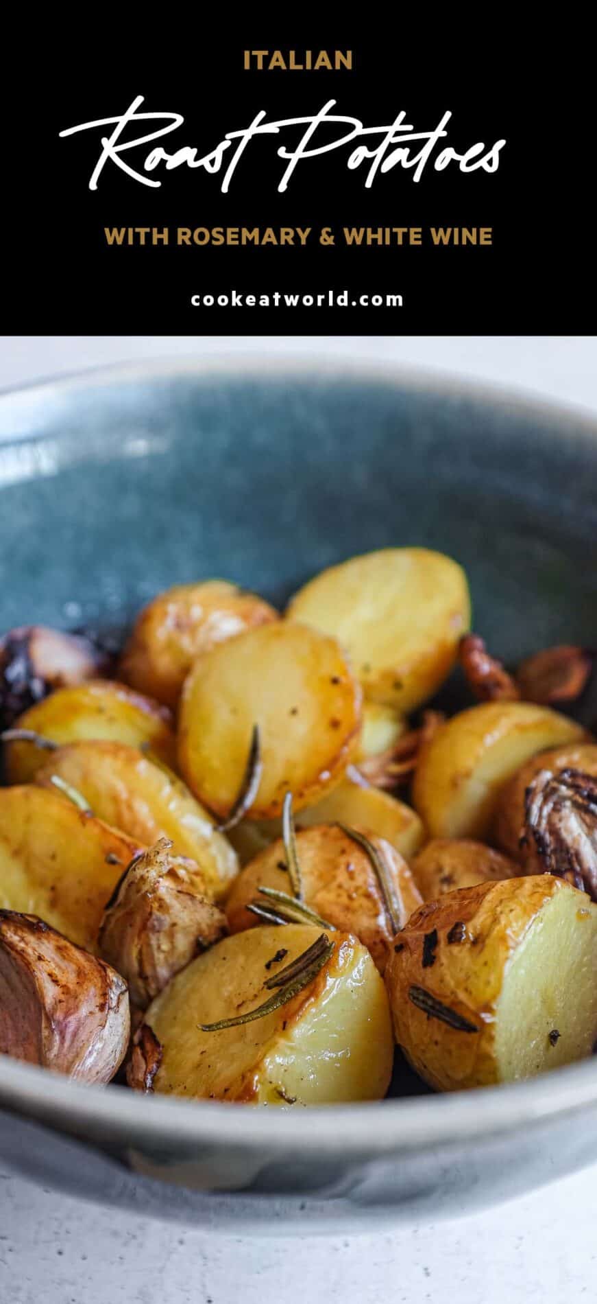 Close-up of creamy roasted potatoes cooked with white wine, garlic and rosemary.
